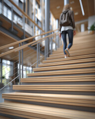 Woman Walking Up Wooden Staircase with Backpack in Modern Building, motion blur Business concept, motion bokeh background