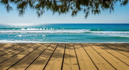 Fototapeta premium Tropical Seascape with Wooden Deck, Azure Water, and Beach, a Perfect Vacation Backdrop