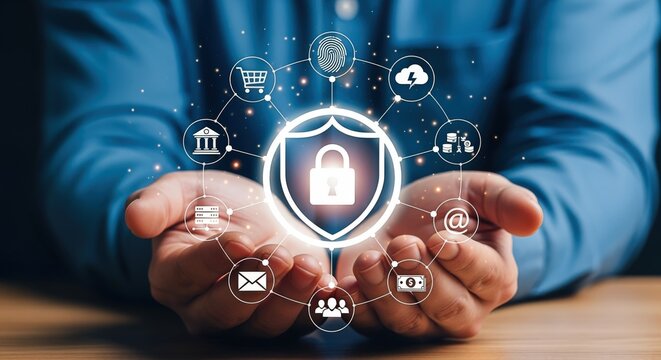 Digital Security Shield Displayed on Open Palms: Cybersecurity Concept, Protection of Data, Internet Safety - Powered by Adobe