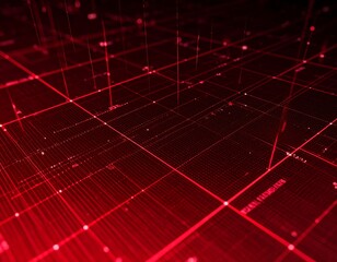 Abstract red grid with glowing lines and data points, creating a digital network effect