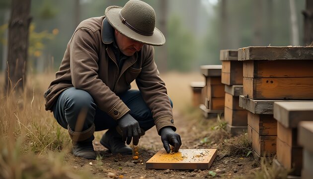 Beekeeper Examining Honeycomb in Forest