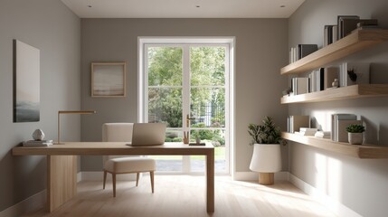 Fototapeta premium Modern Minimalist Home Office with Garden View
