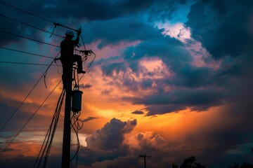 Electrician working on power lines at sunset