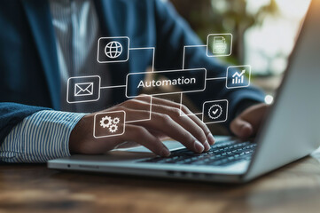 AI Agents Businessman Implementing a Digital Automation Workflow and AI agent and generative artificial intelligence concept, Education, Data Analysis and AI customer support