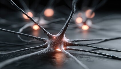 Close-up view of interconnected neurons.  Bright orange glowing nodes within intricate network.  Dark backdrop.  3D render