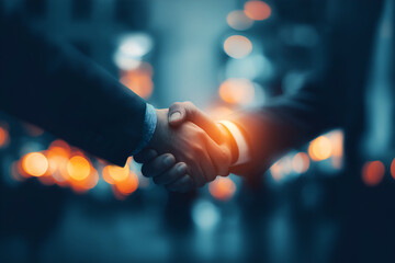 Handshake Between Two People In Dark Blue Business Suits, motion blur Business concept, motion bokeh background