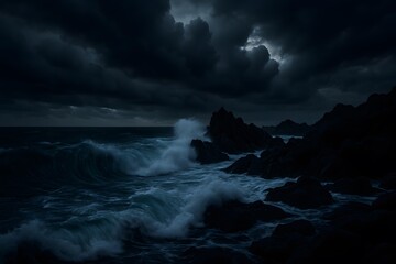 Obraz premium Stormy Twilight Waves Crashing on Rocky Coast