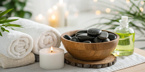 Business background. Spa for health and relaxation featuring rolled white towels, lit candles, and a wooden bowl with black stones symbolizing relaxation.