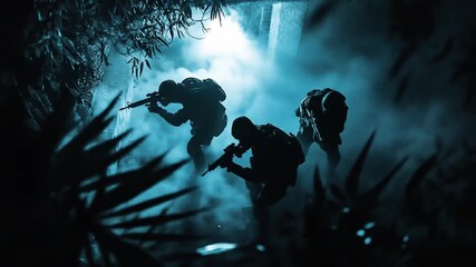 Intense military operation featuring soldiers in a dense, misty jungle landscape in darkness