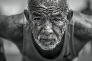 Black and white portrait of a determined senior man exercising, showcasing strength, resilience, and healthy aging