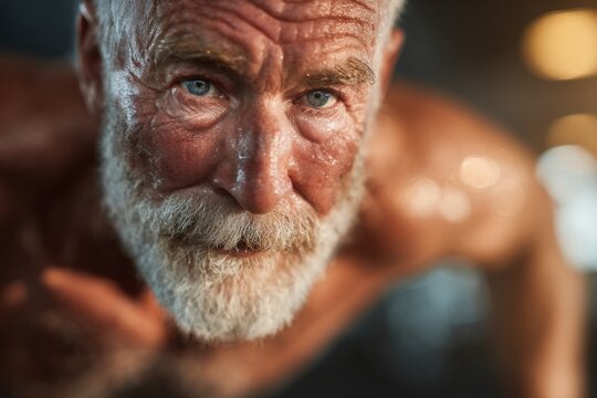 Determined senior man performing push-ups, demonstrating fitness and strength despite old age - Powered by Adobe