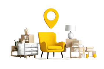 Yellow armchair amidst moving boxes, location pin