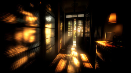 Warm Golden Light Streaming Through Dark Interior Doorway, motion blur Business concept, motion bokeh background