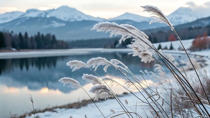 Frosted reeds by tranquil winter lake and snowy mountains