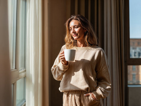 Woman enjoying morning coffee in cozy home interior