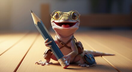 3d render of a cute gecko wearing glasses and backpack holding a pencil on the floor, back to school