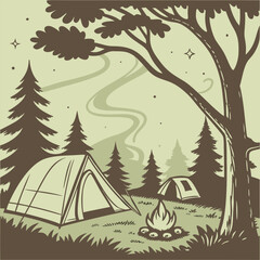 Retro-inspired camping scene illustration muted greens and browns grain overlay cozy outdoors mood with text space camping in the forest