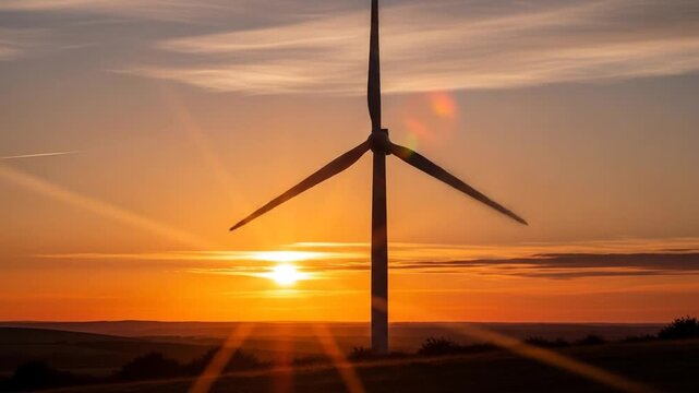 Time lapse of Wind Turbines in a field generating renewable energy at sunset, concept of green