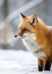 Vibrant Red Fox in Profile, Backlit by Winter Sun with Snow-Dusted Fur
