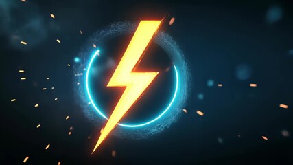 Bold yellow lightning bolt illustration with glowing light and digital circle on dark blue background signifying power, electricity and energy - Powered by Adobe