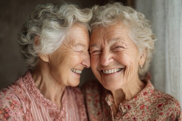 Two elderly women with genuine smiles share a heartwarming moment, cheek to cheek, celebrating their bond and the joy of aging gracefully