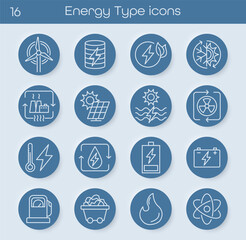Energy Types of Energy icons collection editable stroke Hydroelectric Solar Electricity Water fire Power Supply, coal mine Vector illustration.