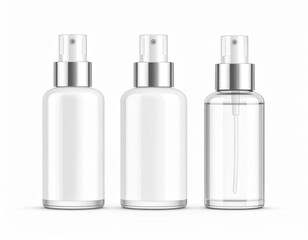 Three Clear Spray Bottles with Silver Accents in a Row on White Backdrop