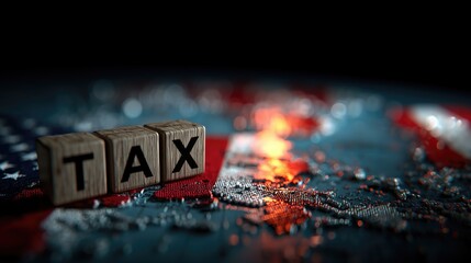 Global economics and taxation concept with stacked wooden blocks spelling TAX on USA flag background