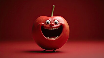 Obraz premium Animated cherry with a big smile standing on a red background