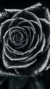 Artistic Monochrome Close Up Of A Black Rose Flower With Intricate Petal Patterns On A Dark Background For Decorative Or Symbolic Use