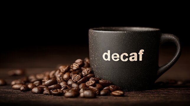 A mug of decaf coffee on a dark brown background, with "decaf" written on the mug. Concept: healthy lifestyle and caffeine-free drinks, alternatives to classic coffee. - Powered by Adobe