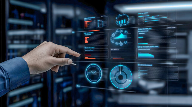 Close view of a holographic business screen under cool technology