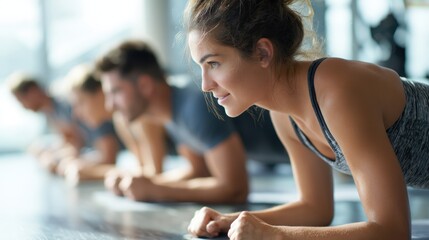 Group of Diverse Individuals Engaged in Core Strengthening Exercise in Modern Fitness Studio with Natural Light and Motivating Atmosphere