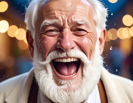 Close-up portrait of a joyful elderly man with a full white beard and mustache, laughing outdoors with bokeh lights in the background