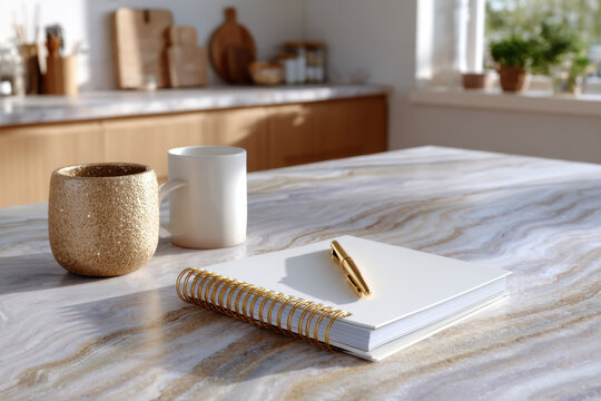 Notebook, pen, and coffee cup sitting on marble kitchen countertop in modern home