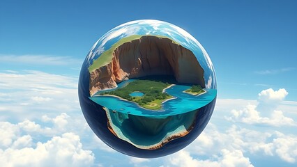 A cutaway Earth core reveals an azure ocean with floating islands, defying natural laws.