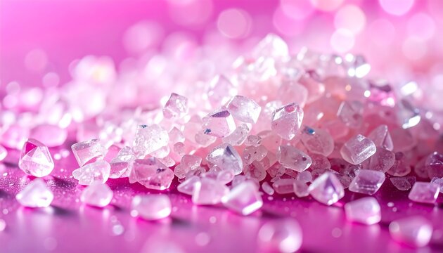 Close-up of a pile of translucent pink crystals on a pink surface with a bokeh background - Powered by Adobe
