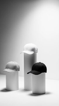 Monochrome Hats Displayed on Cylinders Against a White Background in a Studio with Clean Modern Style and Design for Fashion Promotion