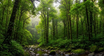 Fototapeta premium Lush Rainforest Landscape Serene Stream & Ancient Trees