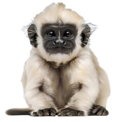 Obraz premium 白背景に座っている愛らしい白い毛皮の猿の赤ちゃんのポートレート