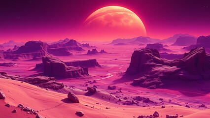 Surreal purple and orange Martian landscape viewed from satellite, with chromatic aberration effects.