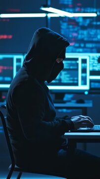 A Mysterious Figure in a Dark Hoodie Engaged in Cyberactivity in a High-Tech Environment Surrounded by Multiple Computer Screens Displaying Data and Code.