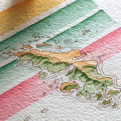 Fototapeta premium Hand-drawn island map, artistic detail, textured paper, colorful background, travel brochure