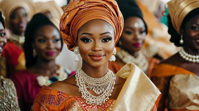 Elegant African women wearing traditional attire, with headdress and jewelry, smiling in a group, vibrant colors, formal occasion, cultural celebration