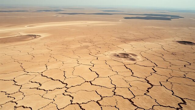 A cracked desert basin with grid lines, representing sudden ecological collapse.