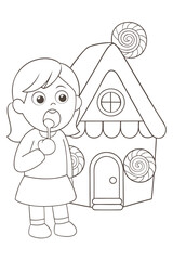 Gretel Looking at Gingerbread House Outline Vector Scene