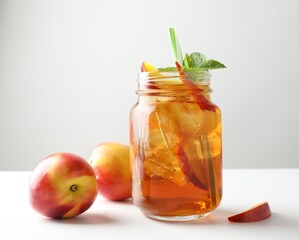 Refreshing iced peach tea with mint in mason jar and fresh fruits on white table, closeup