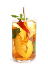 Refreshing iced peach tea with mint in glass isolated on white