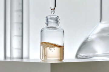 Pipette adding fluid to glass bottle in laboratory setting