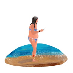  Woman in a striped bikini standing on the beach and looking at her smartphone.